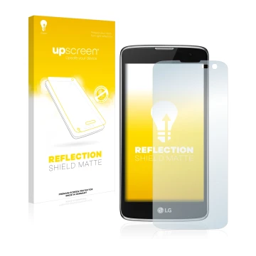 Face avant d’un emballage produit avec le logo de la marque upscreen. À côté, l’appareil LG K7 (caméra à droite uniquement) es