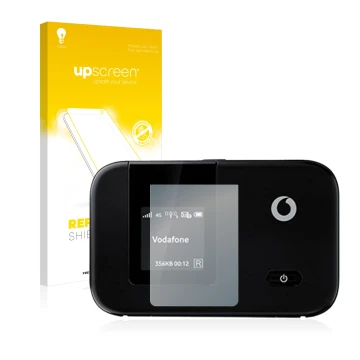 Face avant d’un emballage produit avec le logo de la marque upscreen. À côté, l’appareil Vodafone R215 WLAN Router est représe