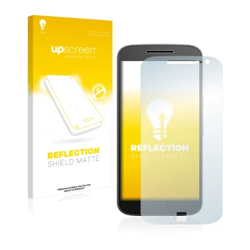 Face avant d’un emballage produit avec le logo de la marque upscreen. À côté, l’appareil Motorola Moto G4 Plus est représenté 