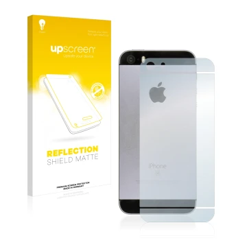 Face avant d’un emballage produit avec le logo de la marque upscreen. À côté, l’appareil Apple iPhone SE 2016 Le dos (tutt la 