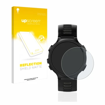 Face avant d’un emballage produit avec le logo de la marque upscreen. À côté, l’appareil Garmin Forerunner 735XT est représent