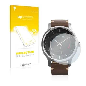 Face avant d’un emballage produit avec le logo de la marque upscreen. À côté, l’appareil Garmin vivomove est représenté avec l