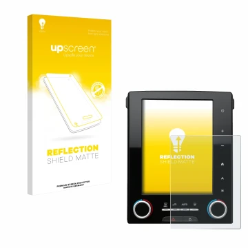 Face avant d’un emballage produit avec le logo de la marque upscreen. À côté, l’appareil Renault Megane GT R-Link 2 8.7