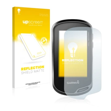 Face avant d’un emballage produit avec le logo de la marque upscreen. À côté, l’appareil Garmin Oregon 750t est représenté ave