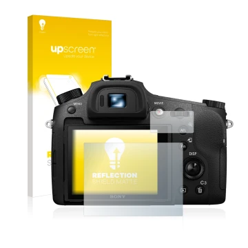 Face avant d’un emballage produit avec le logo de la marque upscreen. À côté, l’appareil Sony Cyber-Shot DSC-RX10 III est repr