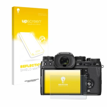 Face avant d’un emballage produit avec le logo de la marque upscreen. À côté, l’appareil Fujifilm X-T2 est représenté avec la 