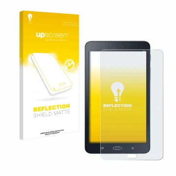 Face avant d’un emballage produit avec le logo de la marque upscreen. À côté, l’appareil Samsung Galaxy Tab A6 7.0 est représe