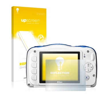 Face avant d’un emballage produit avec le logo de la marque upscreen. À côté, l’appareil Nikon Coolpix W100 est représenté ave