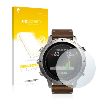 Face avant d’un emballage produit avec le logo de la marque upscreen. À côté, l’appareil Garmin Fenix Chronos est représenté a