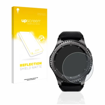 Face avant d’un emballage produit avec le logo de la marque upscreen. À côté, l’appareil Samsung Gear S3 Frontier est représen