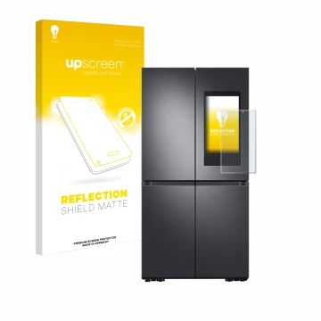 Face avant d’un emballage produit avec le logo de la marque upscreen. À côté, l’appareil Samsung Family Hub 21.5