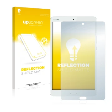 Face avant d’un emballage produit avec le logo de la marque upscreen. À côté, l’appareil Huawei MediaPad M3 8.4 est représenté