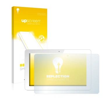 Face avant d’un emballage produit avec le logo de la marque upscreen. À côté, l’appareil Odys Rise 10 Quad est représenté avec