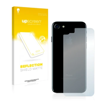 Face avant d’un emballage produit avec le logo de la marque upscreen. À côté, l’appareil Apple iPhone 7 Le dos (toute la surfa