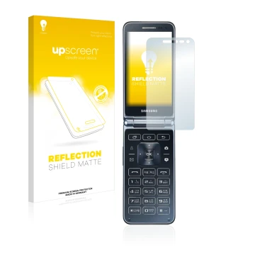 Face avant d’un emballage produit avec le logo de la marque upscreen. À côté, l’appareil Samsung Galaxy Folder 2 est représent