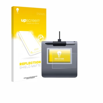 Face avant d’un emballage produit avec le logo de la marque upscreen. À côté, l’appareil Wacom STU-430 est représenté avec la 