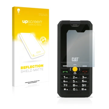Face avant d’un emballage produit avec le logo de la marque upscreen. À côté, l’appareil Caterpillar Cat B30 est représenté av