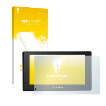 Face avant d’un emballage produit avec le logo de la marque upscreen. À côté, l’appareil Garmin DriveTrack 70LM est représenté