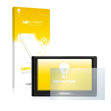 Face avant d’un emballage produit avec le logo de la marque upscreen. À côté, l’appareil Garmin Drive 50 LM est représenté ave