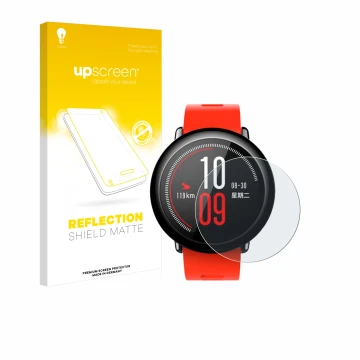 Face avant d’un emballage produit avec le logo de la marque upscreen. À côté, l’appareil Huami Amazfit Pace est représenté ave