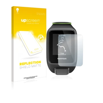 Face avant d’un emballage produit avec le logo de la marque upscreen. À côté, l’appareil TomTom Runner 3 est représenté avec l