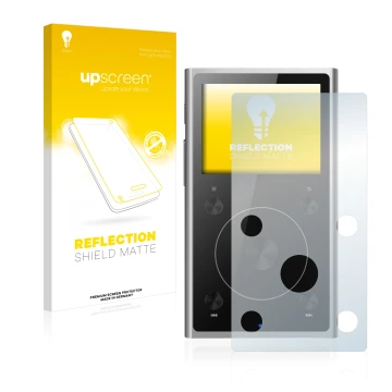 Face avant d’un emballage produit avec le logo de la marque upscreen. À côté, l’appareil FiiO X1 II est représenté avec la pro