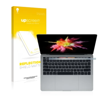 Face avant d’un emballage produit avec le logo de la marque upscreen. À côté, l’appareil Apple MacBook Pro 13