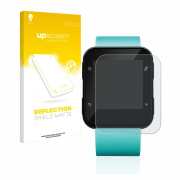 Face avant d’un emballage produit avec le logo de la marque upscreen. À côté, l’appareil Garmin Forerunner 35 est représenté a