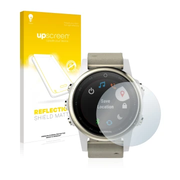 Face avant d’un emballage produit avec le logo de la marque upscreen. À côté, l’appareil Garmin Fenix 5S (42 mm) est représent