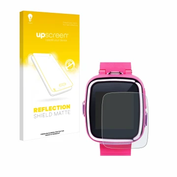 Face avant d’un emballage produit avec le logo de la marque upscreen. À côté, l’appareil Vtech Kidizoom Smart Watch 2 est repr