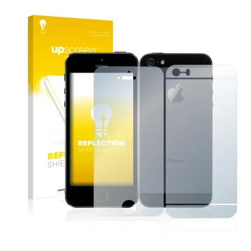 Face avant d’un emballage produit avec le logo de la marque upscreen. À côté, l’appareil Apple iPhone 5S (Avant+Arrière) est r