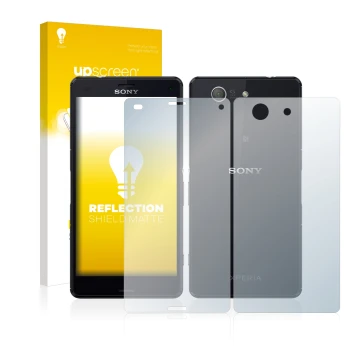 Face avant d’un emballage produit avec le logo de la marque upscreen. À côté, l’appareil Sony Xperia Z3 Compact D5803 (Avant+A