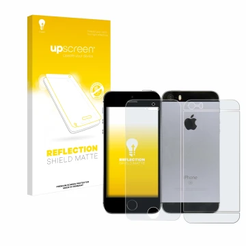 Face avant d’un emballage produit avec le logo de la marque upscreen. À côté, l’appareil Apple iPhone SE 2016 (Avant+Arrière) 