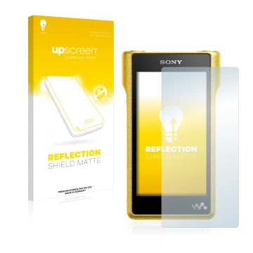 Face avant d’un emballage produit avec le logo de la marque upscreen. À côté, l’appareil Sony Walkman NW-WM1A est représenté a