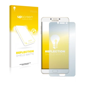 Face avant d’un emballage produit avec le logo de la marque upscreen. À côté, l’appareil Samsung Galaxy C9 Pro est représenté 