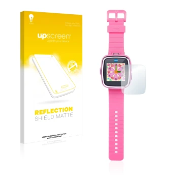 Face avant d’un emballage produit avec le logo de la marque upscreen. À côté, l’appareil Vtech Kidizoom Smart Watch DX est rep