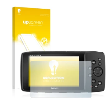 Face avant d’un emballage produit avec le logo de la marque upscreen. À côté, l’appareil Garmin 276Cx est représenté avec la p