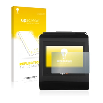 Face avant d’un emballage produit avec le logo de la marque upscreen. À côté, l’appareil Signotec Signature Pad Gamma est repr