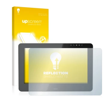 Face avant d’un emballage produit avec le logo de la marque upscreen. À côté, l’appareil Wacom Cintiq Pro 16 est représenté av
