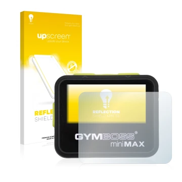 Face avant d’un emballage produit avec le logo de la marque upscreen. À côté, l’appareil Gymboss Minimax est représenté avec l
