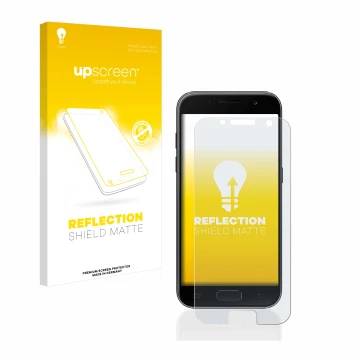 Face avant d’un emballage produit avec le logo de la marque upscreen. À côté, l’appareil Samsung Galaxy A3 2017 est représenté