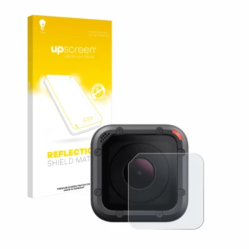 Face avant d’un emballage produit avec le logo de la marque upscreen. À côté, l’appareil GoPro Hero 5 Session Lentille (Caisse