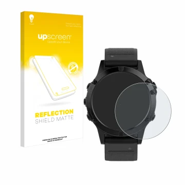Face avant d’un emballage produit avec le logo de la marque upscreen. À côté, l’appareil Garmin Fenix 5 (47 mm) est représenté