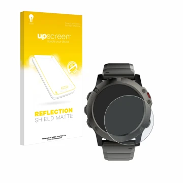 Face avant d’un emballage produit avec le logo de la marque upscreen. À côté, l’appareil Garmin Fenix 5X (51 mm) est représent