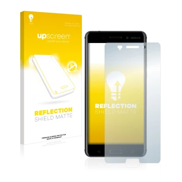 Face avant d’un emballage produit avec le logo de la marque upscreen. À côté, l’appareil Nokia 6 2017 est représenté avec la p