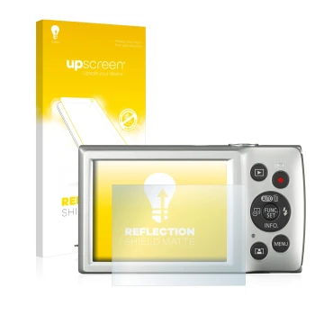 Face avant d’un emballage produit avec le logo de la marque upscreen. À côté, l’appareil Canon Digital Ixus 185 est représenté
