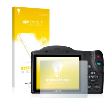 Face avant d’un emballage produit avec le logo de la marque upscreen. À côté, l’appareil Canon PowerShot SX430 IS est représen