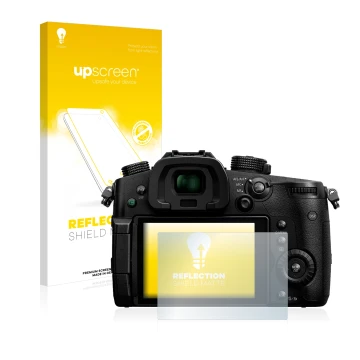 Face avant d’un emballage produit avec le logo de la marque upscreen. À côté, l’appareil Panasonic Lumix DC-GH5 est représenté