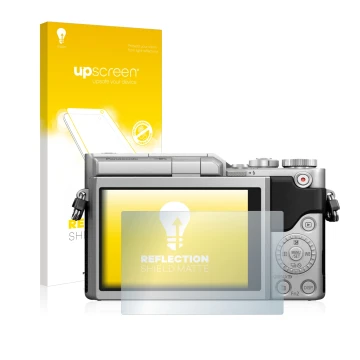 Face avant d’un emballage produit avec le logo de la marque upscreen. À côté, l’appareil Panasonic Lumix DC-GX800 est représen