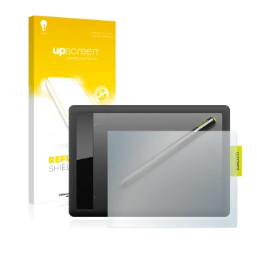 Face avant d’un emballage produit avec le logo de la marque upscreen. À côté, l’appareil Wacom One s CTL-471 est représenté av